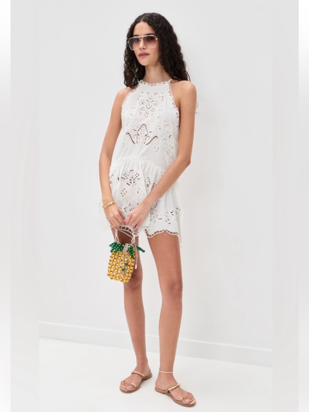 FARM Rio White Eyelet Halter Mini Dress with Scalloped Hem